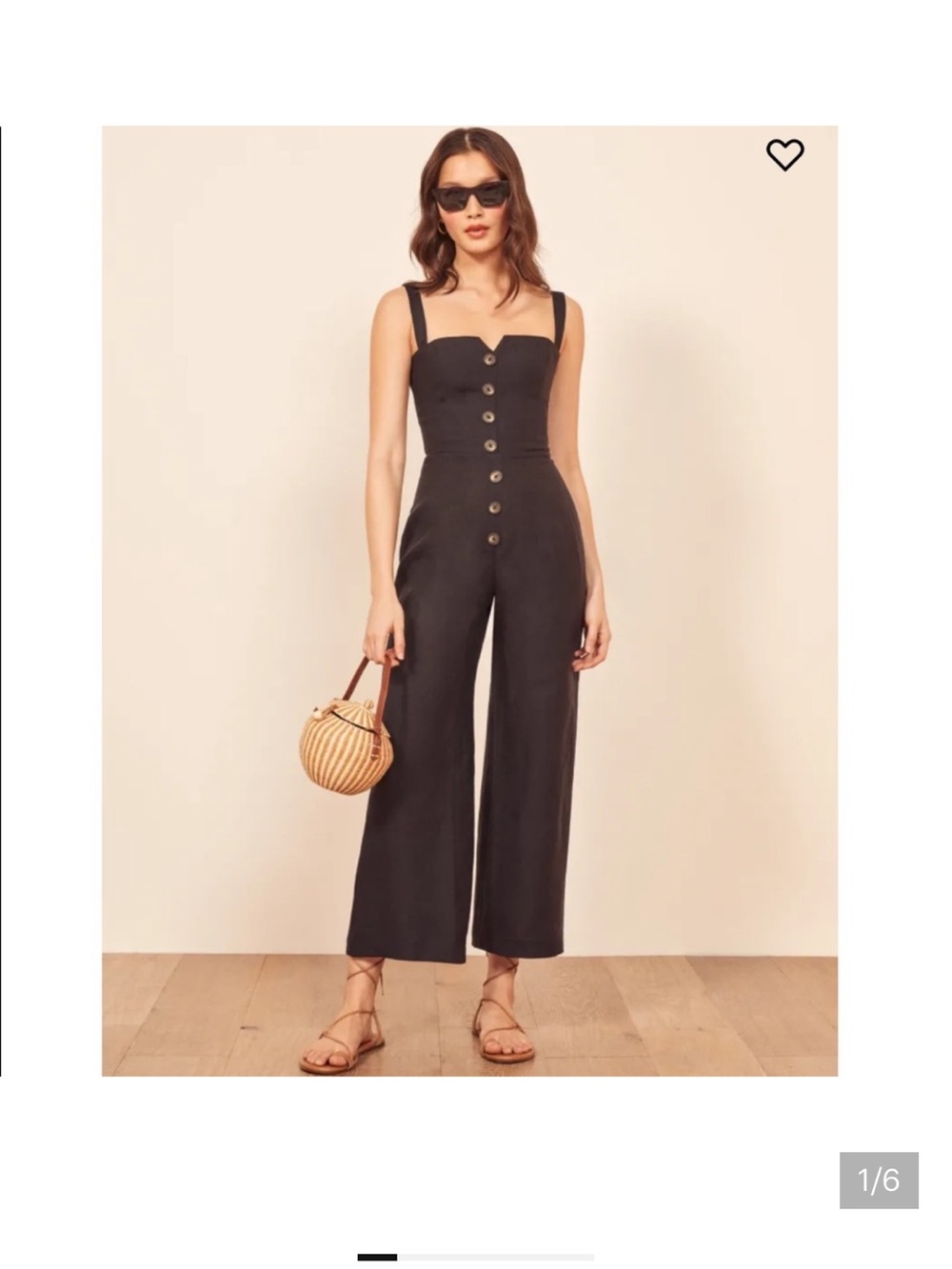 Reformation Linen Black Button-Front Wide-Leg Jumpsuit with Sweetheart Neck